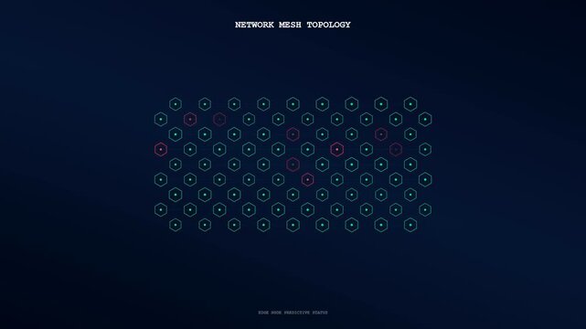 Predictive maintenance monitoring displays dynamic hexagonal grid patterns with flickering red alerts across a dark digital interface showing data flow changes within an array of nodes