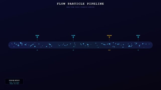 Predictive maintenance monitoring displays fluid particle flow through a transparent tube with digital sensor data points updating in a dark environment for industrial process analytics