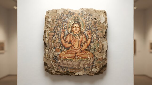 Ancient stone relief depicting Shiva with intricate carvings and weathered textures, showcasing traditional Hindu religious art and cultural heritage.