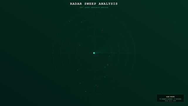 Predictive maintenance monitoring displays circular radar sweeps showing digital target acquisition patterns on a dark screen interface with glowing neon green lines tracking rhythmic data flow