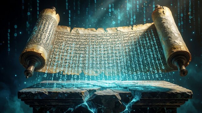 Ancient parchment scroll floats above cracked stone pedestal with blue digital binary code raining down. Old manuscript blends with glowing data matrix stream on dark background. Concept of