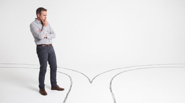 A man standing at a crossroads, deep in thought. He ponders his next move, with two diverging paths before him