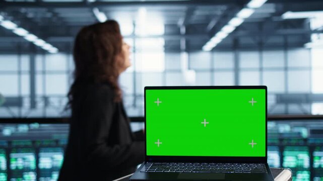 Data center engineers work with laptop on power management, green technology and UPS configuration, supporting server operations within a controlled technical environment.