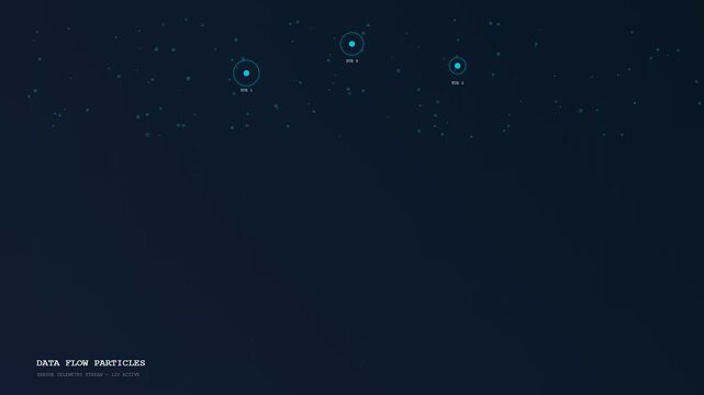 A digital predictive maintenance monitoring simulation displays floating luminous particles moving across a dark screen while glowing nodes emit pulses in a serene digital environment