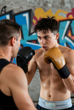 Young male boxer with sweat on his face and body training with a coach in a gym with graffiti on the wall, the athlete wears boxing gloves and focuses intently during the workout