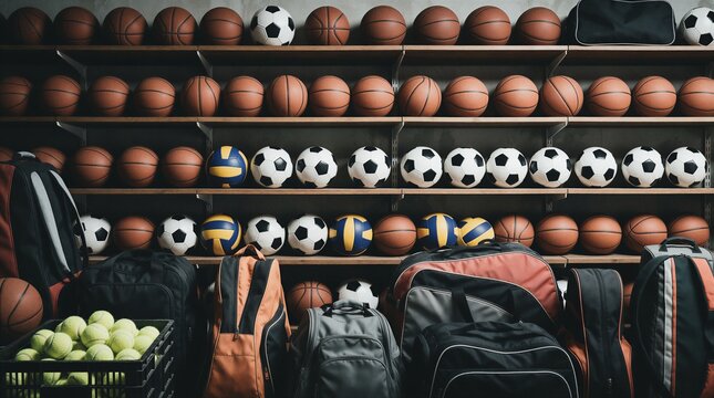Sports balls and equipment neatly arranged on shelves indoors. Basketballs soccer balls volleyballs and tennis balls fill the racks alongside gym bags and backpacks ready for play.