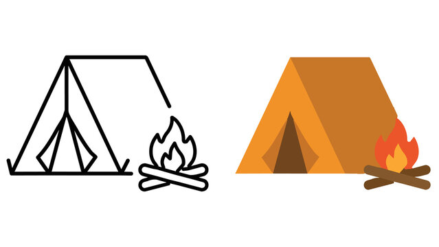 Camping tent and campfire in outline and color