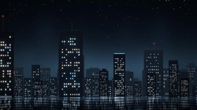 Night city skyline silhouette with twinkling window lights over gradient sky motion background seamless loop in calm grey tones