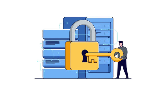 A male technician works on securing internal server infrastructure by unlocking data access with a large metal key to protect digital files and information assets from unauthorized external