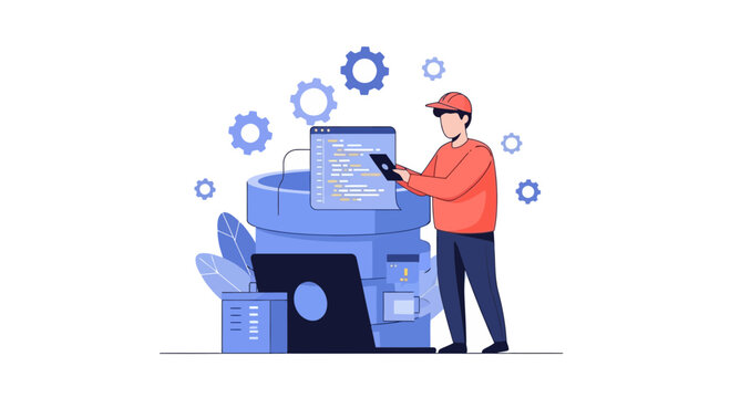 A skilled computer technician works on database maintenance tasks by utilizing digital tools to manage complex server infrastructure systems while optimizing performance for enterprise software