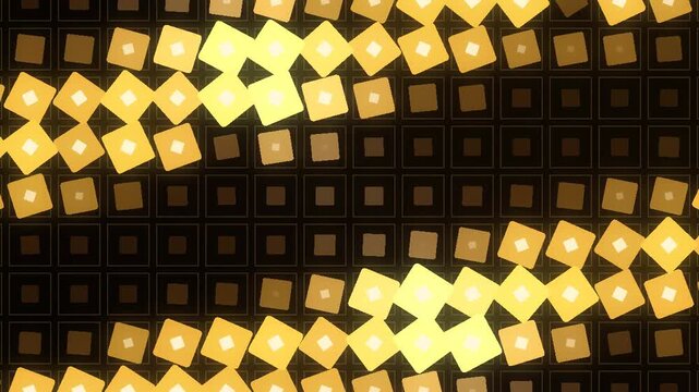 Square grid tiles rotating and scaling in staggered eased waves motion graphics background seamless loop in cool amber tones