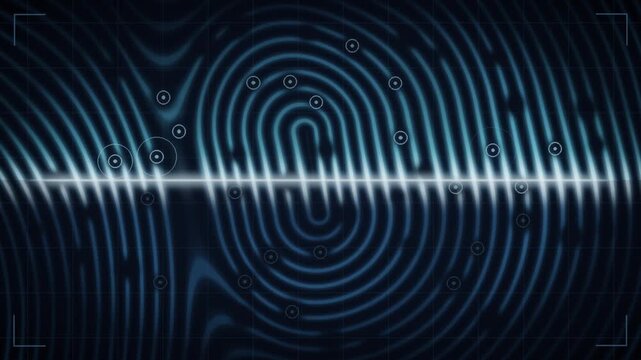 Biometric fingerprint scan with sweeping light line and recognition markers seamless loop in bright cyan tones