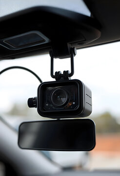 Black dash camera mounted on a car windshield with a rearview mirror below, vehicle safety and modern technology, It is used for recording road events and providing evidence in case of accidents