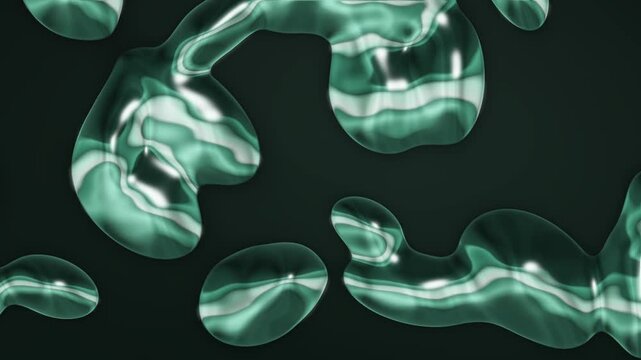 Liquid chrome metal blobs merging and flowing reflective mercury abstract dark background seamless loop in calm emerald tones