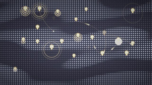 Abstract Dotted World Map with Dropping Location Pins and Pulsing Radar Rings, Global Network Business Background, seamless loop in soft slate tones