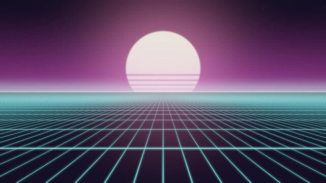 Retro 80s Synthwave Neon Grid and Sunset Horizon Seamless Loop in bright magenta tones