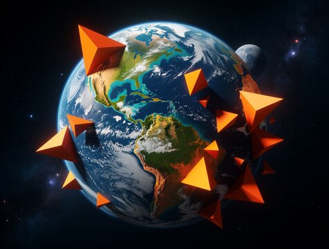 Planet Earth sphere in deep space universe. Glowing orange geometric triangle shapes surround world surface. Abstract digital art shows global climate catastrophe concept ecological crisis. Broken