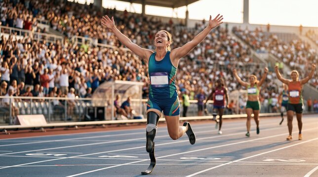 Disabled female athlete running with prosthetic leg on track in stadium. Paralympic runner celebrating victory finish line. Sports achievement and willpower concept in running race.