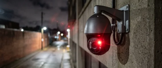 Surveillance camera mounted on a concrete wall at night. Recording security device with glowing red infrared light for public safety and area monitoring. Outdoor CCTV technology. © Kristelinmind