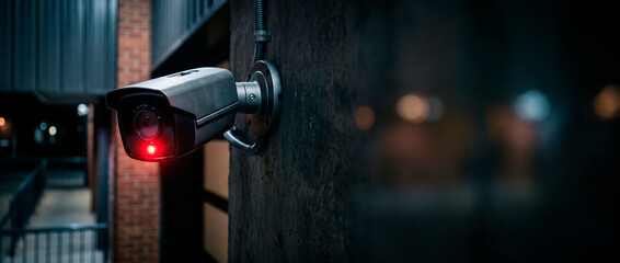 Surveillance camera mounted on concrete wall with glowing red recording indicator light. Outdoor security monitoring system during night time for public safety and property crime prevention. © Kristelinmind