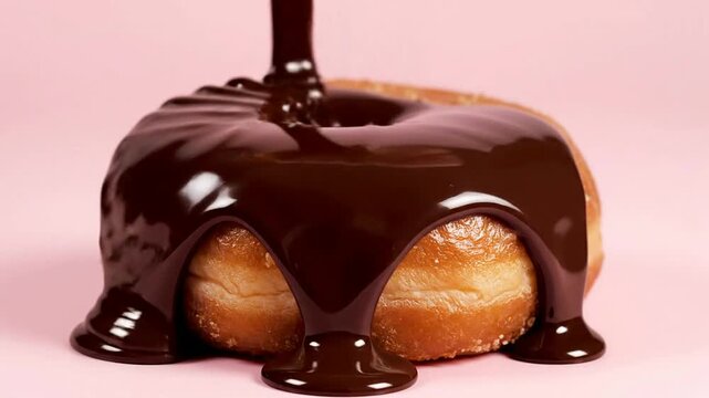 Close-Up Of A Glazed Donut Dripping With Rich Chocolate Sauce On A Soft Pink Background, Perfect For Gourmet Food Photography