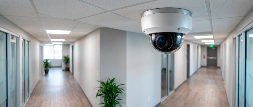 Dome security camera mounted on ceiling of office hallway. Video surveillance system for building monitoring and public safety. Indoor CCTV technology equipment for business protection.