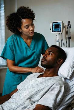 Female nurse comforting a male patient in a hospital bed, healthcare support and medical care concept, recovery and empathy