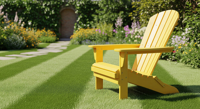 Yellow relaxing chair sitting on a perfectly mowed green lawn perfect for tranquil summer gardening and peaceful outdoor landscape plans