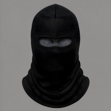 Black balaclava ski mask with two eye holes and a mouth covering, isolated on a neutral gray background, the headwear is designed for cold weather protection and anonymity