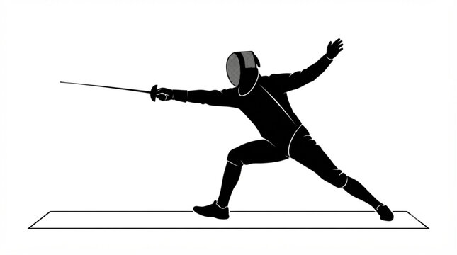 Black Silhouette of Fencing Athlete in Lunge Pose on Strip