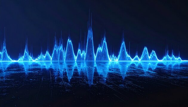 Glowing blue audio equalizer waves reflect on a dark, wet surface with nobody present. Ideal for futuristic technology, big data analytics, and digital sound concept designs.