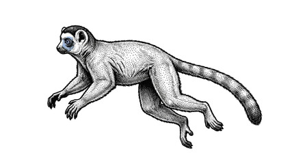 Running ring-tailed lemur hand-drawn vintage illustration.