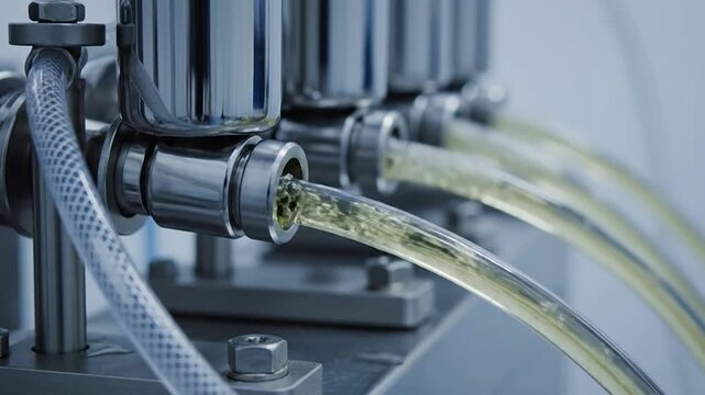 Close-Up Of Transparent Tubing Transporting Yellow Fluid From Stainless Steel Valves In A High-Tech Laboratory Setting