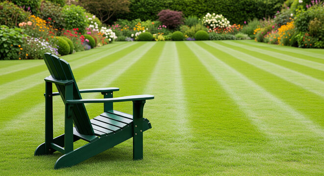 Empty green chair sitting on a beautifully mowed lawn in a summer garden perfect for tranquil outdoor lifestyle and landscape concepts