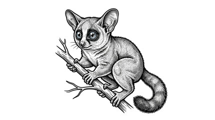 Vintage bushbaby primate perched on a branch. © nirmala