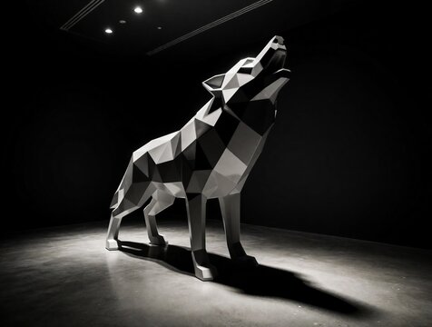 Geometric white wolf sculpture stands in dark room under bright spotlights. Modern artistic polygon animal statue features sharp edges, low poly design. Interior gallery installation creates dramatic