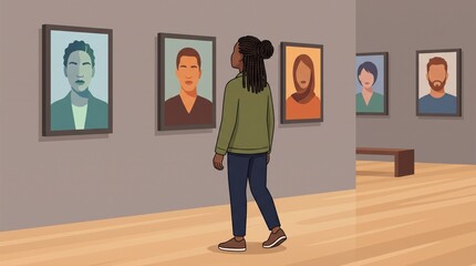 Fototapeta premium Person viewing diverse portraits in an art gallery exhibition