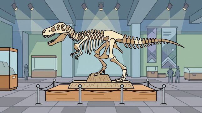 Dinosaur skeleton exhibit in a museum with visitors viewing displays