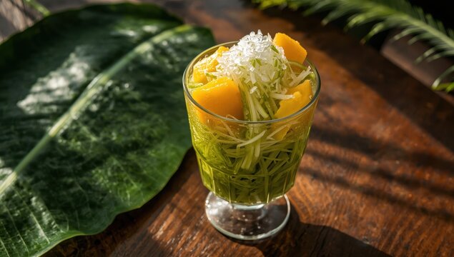 a cup of cendol ice topped with jackfruit
