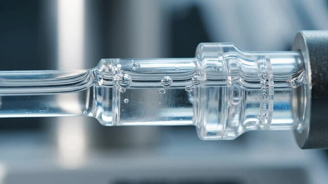 Close-Up View of Syringe Tip Releasing Liquid Drops in Medical Setting - Precision Healthcare Equipment in Action