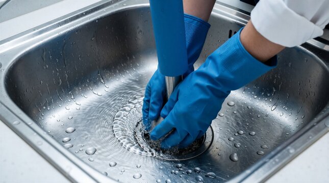 Person wearing blue rubber gloves uses plunger to fix clogged kitchen sink drain. Water flows through metal basin person attempts unblocking pipe. Pro plumbing maintenance service at home helps