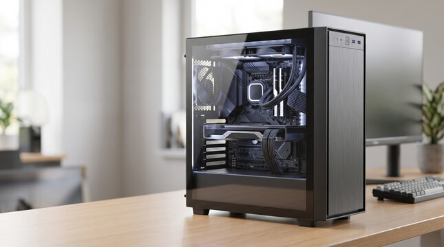 Modern desktop tower with glass side panel showcasing components on stylish workspace. Computer tower highlights sleek design and advanced hardware