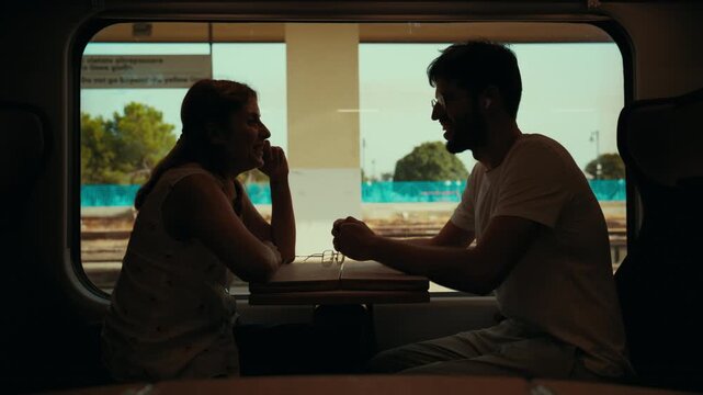 Silhouette couple talking on train while stopped at station for a journey