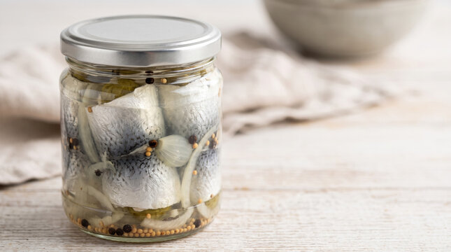 Pickled herring rollmops in jar on wooden table with spices and cloth. Pickled herring rollmops display fresh fish with spices in jar, highlighting healthy seafood preservation.
