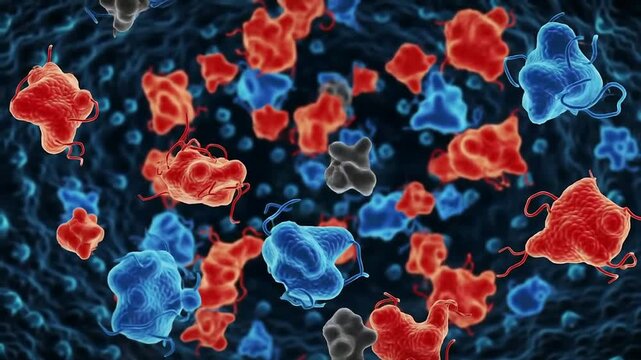 Colorful Molecular Structure Depicting Red, Blue, and Black Particles Against a Dark Background for Biotechnology and Medical Science Projects