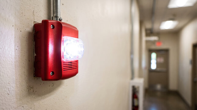 Emergency fire alarm strobe light mounted on wall of corridor, showcasing bright flashing light and red casing. Emergency signal in hallway emphasizes safety measures and alertness in public spaces.