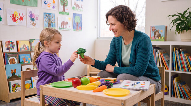 Teacher and Little Girl Playing with Toy Vegetables at Table in Kindergarten Classroom, Early Childhood Education and Child Development Concept.