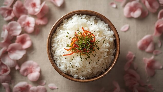 A dish of soft white rice garnished with seasonings.