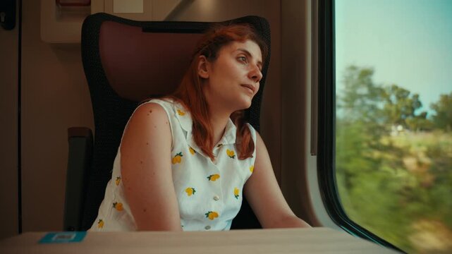 A woman travels by train, looking out the window and remembering the past