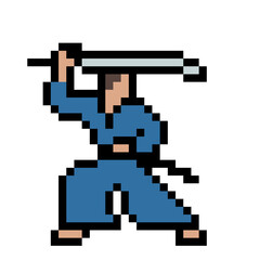 Fototapeta premium Pixel art samurai warrior holding katana sword overhead isolated